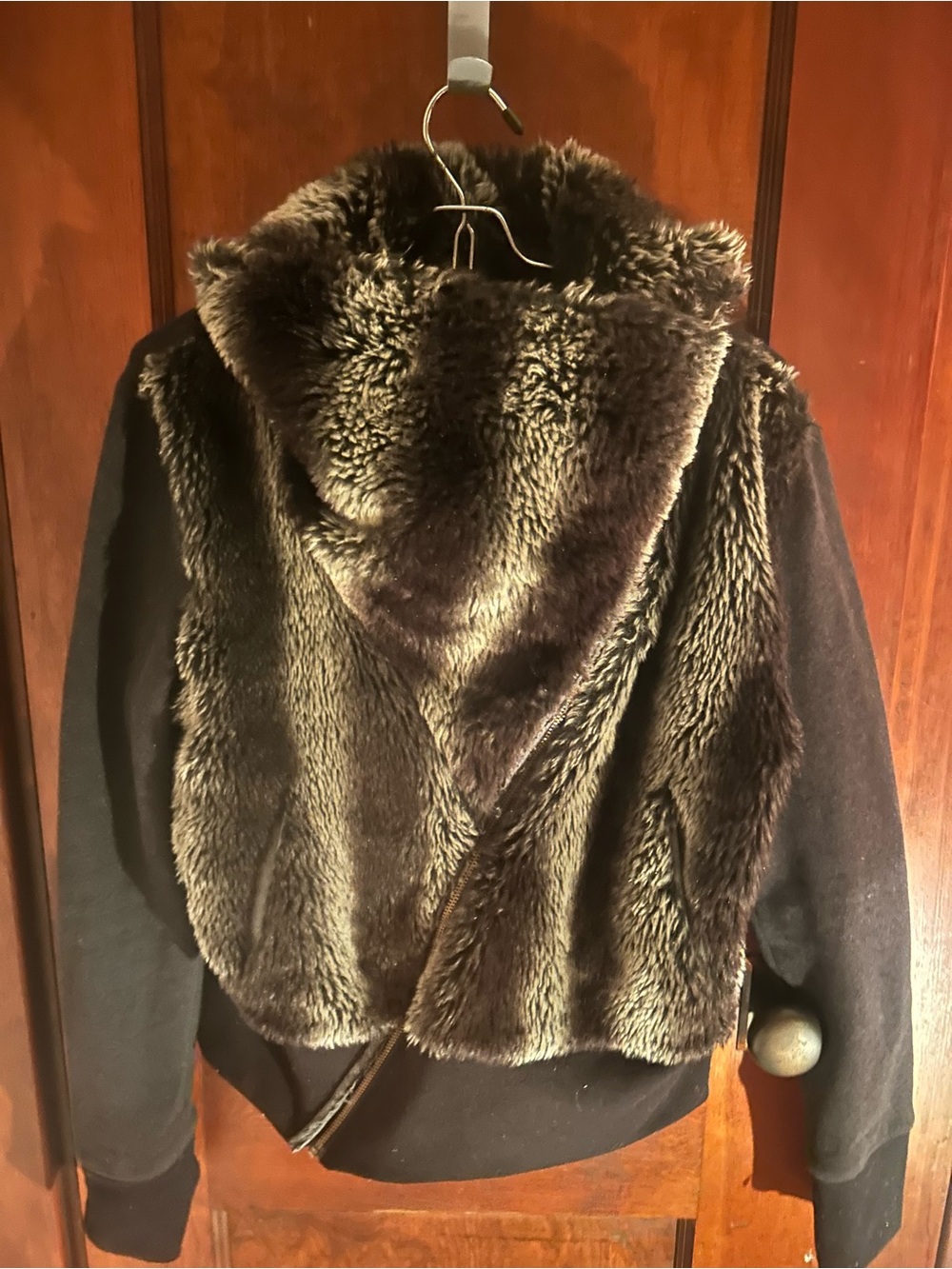 Miss Me Faux Fur Hooded Teddy Jacket in Dark Brown and Black